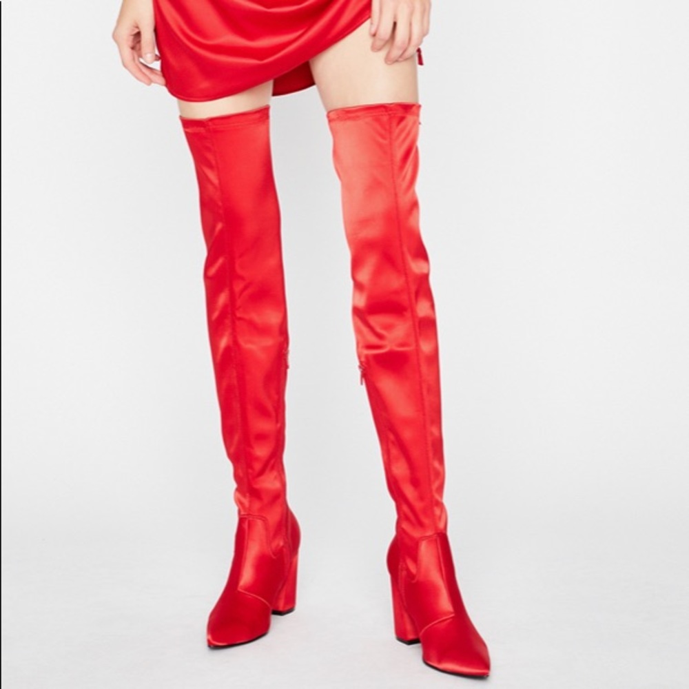 Dolls kill red satin thigh high boots
